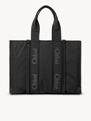 Chloe Large Woody Shoulder Bags Black | CHE-SR13430