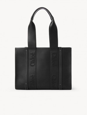 Chloe Medium Woody Tote Bags Black | CHE-SR13352