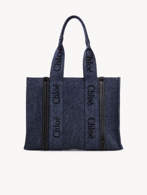 Chloe Medium Woody Tote Bags Denim | CHE-SR13316