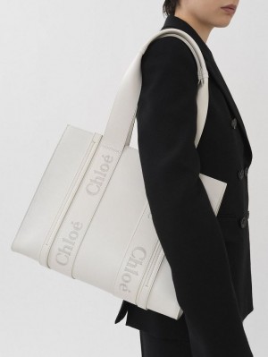 Chloe Medium Woody Tote Bags White | CHE-SR13300