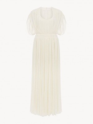 Chloe Pleated Long Dresses Eden White | CHE-SR13859