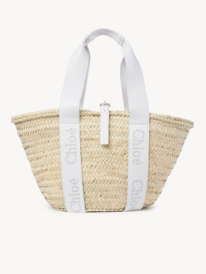 Chloe Sense Medium Basket Tote Bags Crystal White | CHE-SR13381