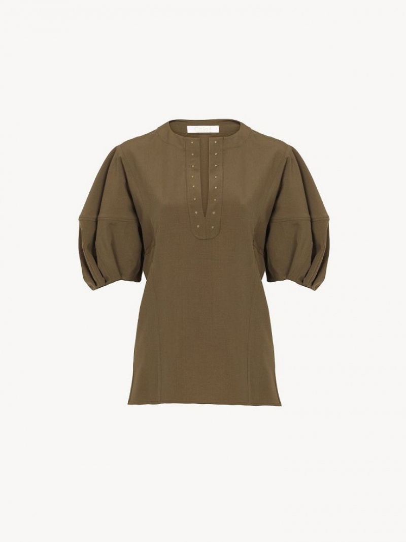 Chloe Balloon-sleeve Tops OBSCURE KHAKI | CHE-SR13899