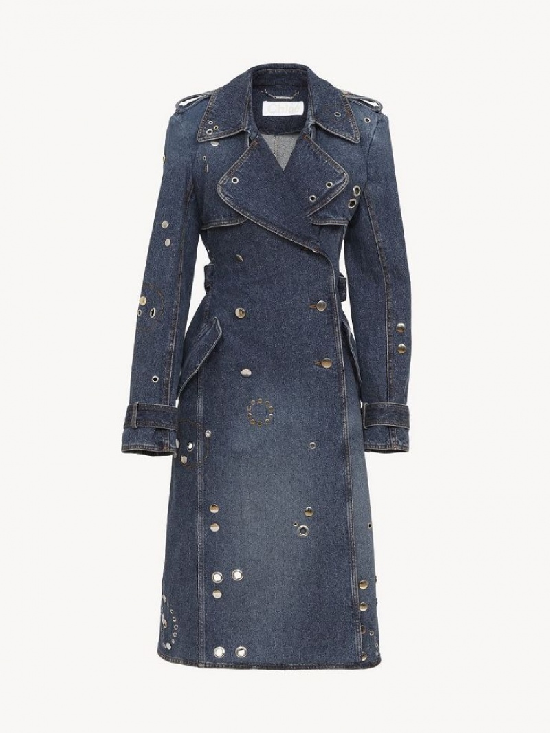 Chloe Embellished Trench Coats Faded Denim | CHE-SR13792