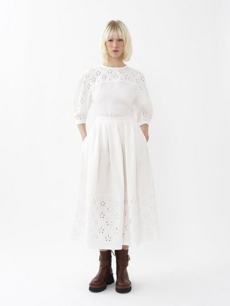 Chloe Embroidered Mid-length Skirts Iconic Milk | CHE-SR14076