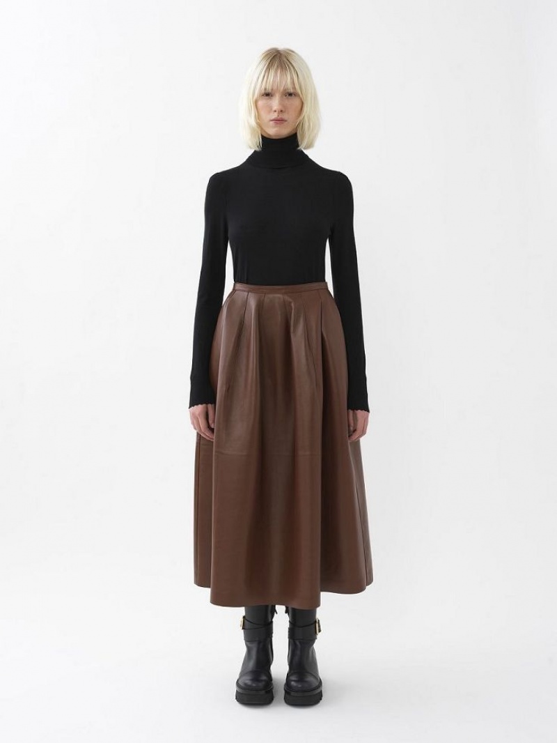 Chloe Gathered Mid-length Skirt Leather DARK CHESNUT | CHE-SR14116