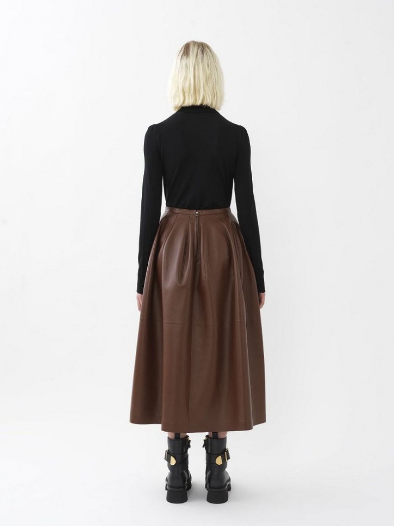 Chloe Gathered Mid-length Skirt Leather DARK CHESNUT | CHE-SR14116