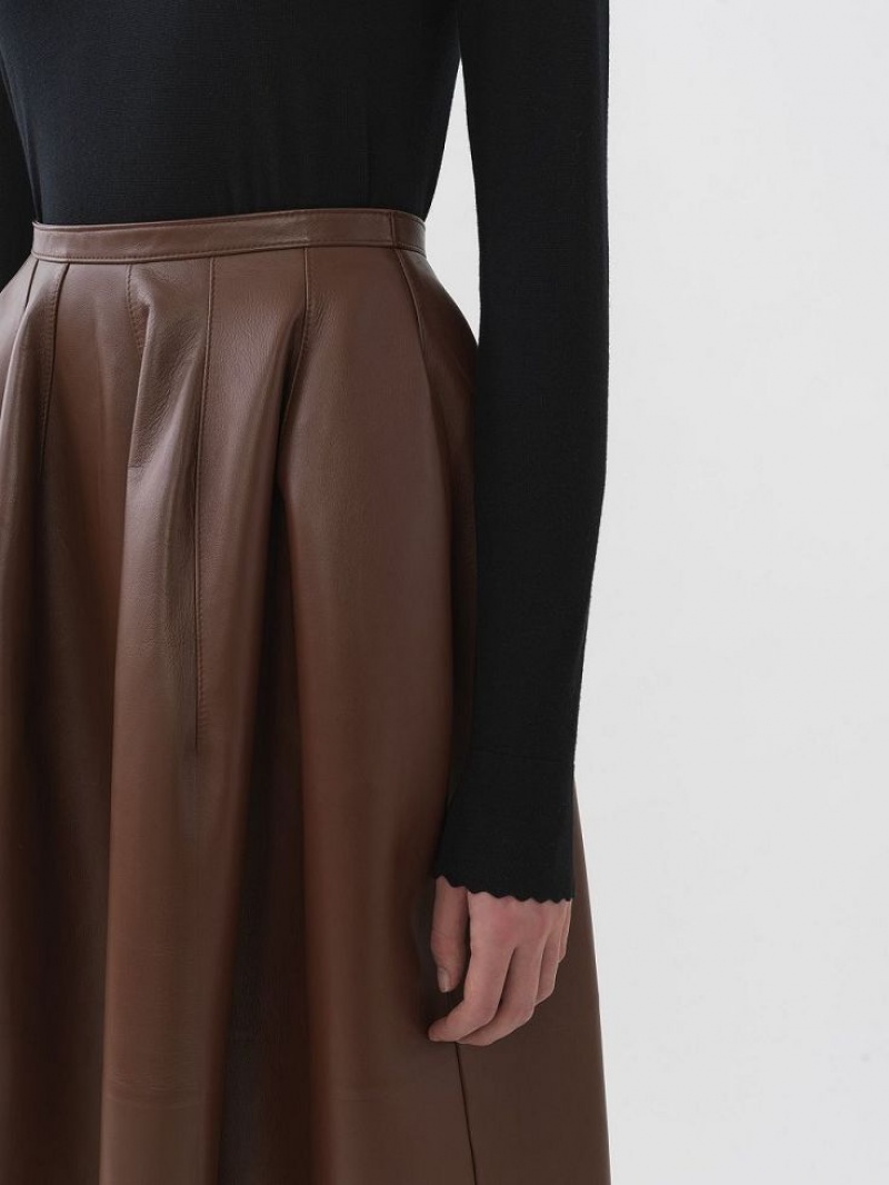 Chloe Gathered Mid-length Skirt Leather DARK CHESNUT | CHE-SR14116