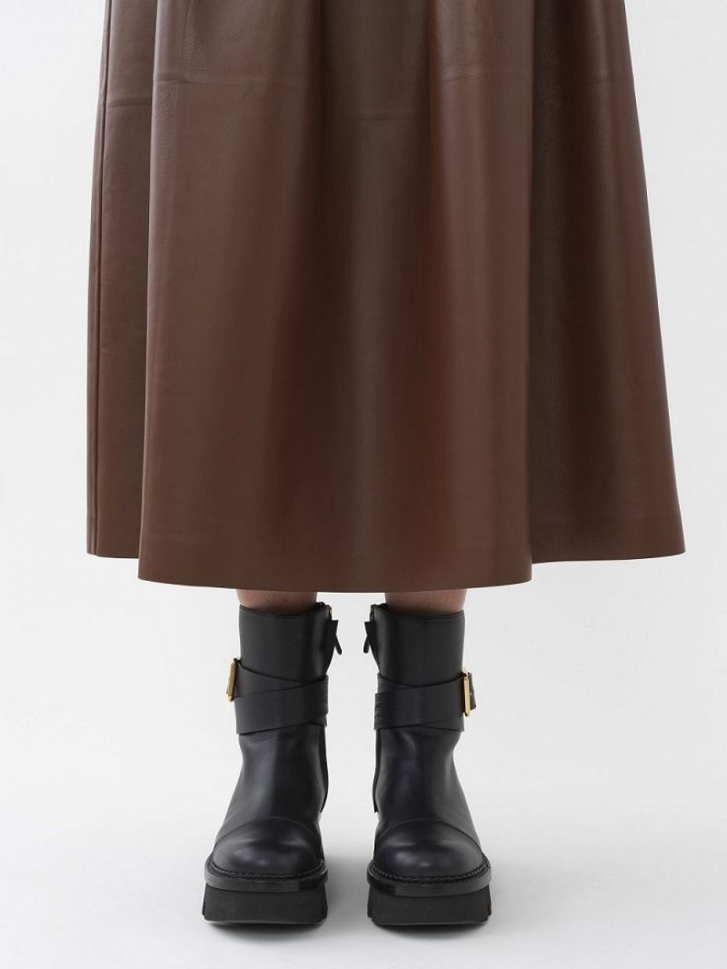 Chloe Gathered Mid-length Skirt Leather DARK CHESNUT | CHE-SR14116