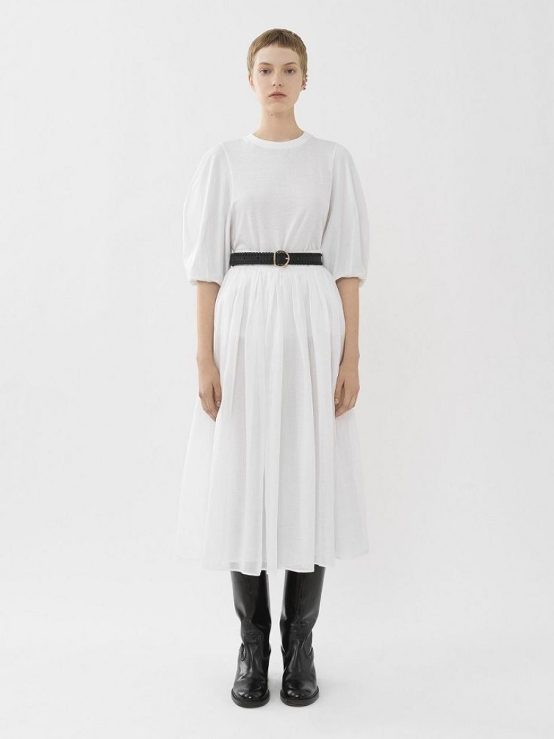 Chloe Gathered Mid-length Skirts White | CHE-SR14073