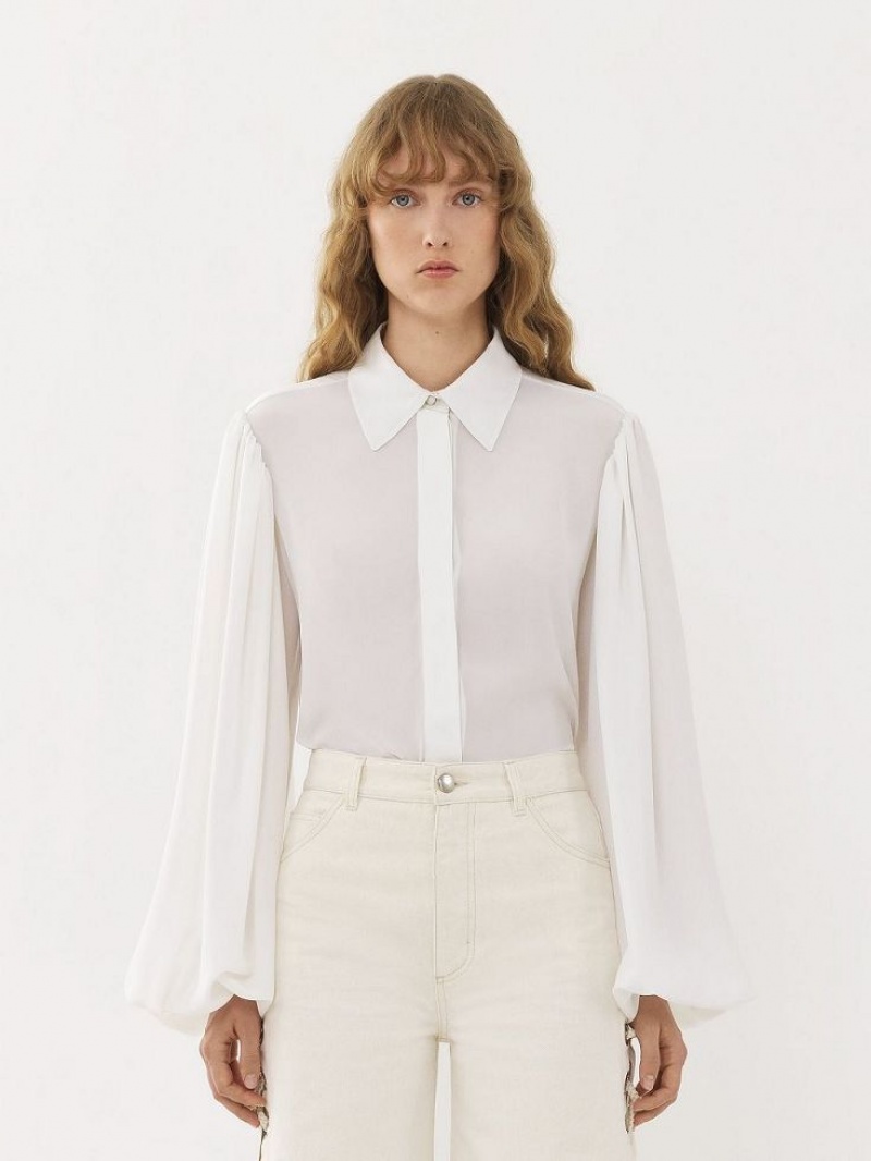 Chloe Gathered-sleeve Blouses White | CHE-SR13915