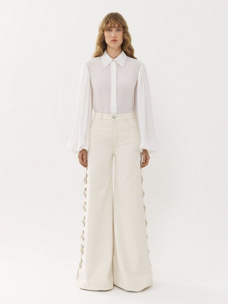 Chloe Gathered-sleeve Blouses White | CHE-SR13915