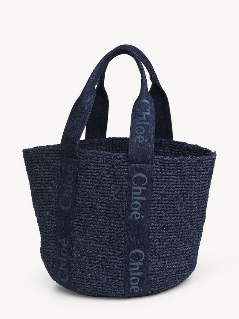 Chloe Large Woody Basket Tote Bags Denim | CHE-SR13289