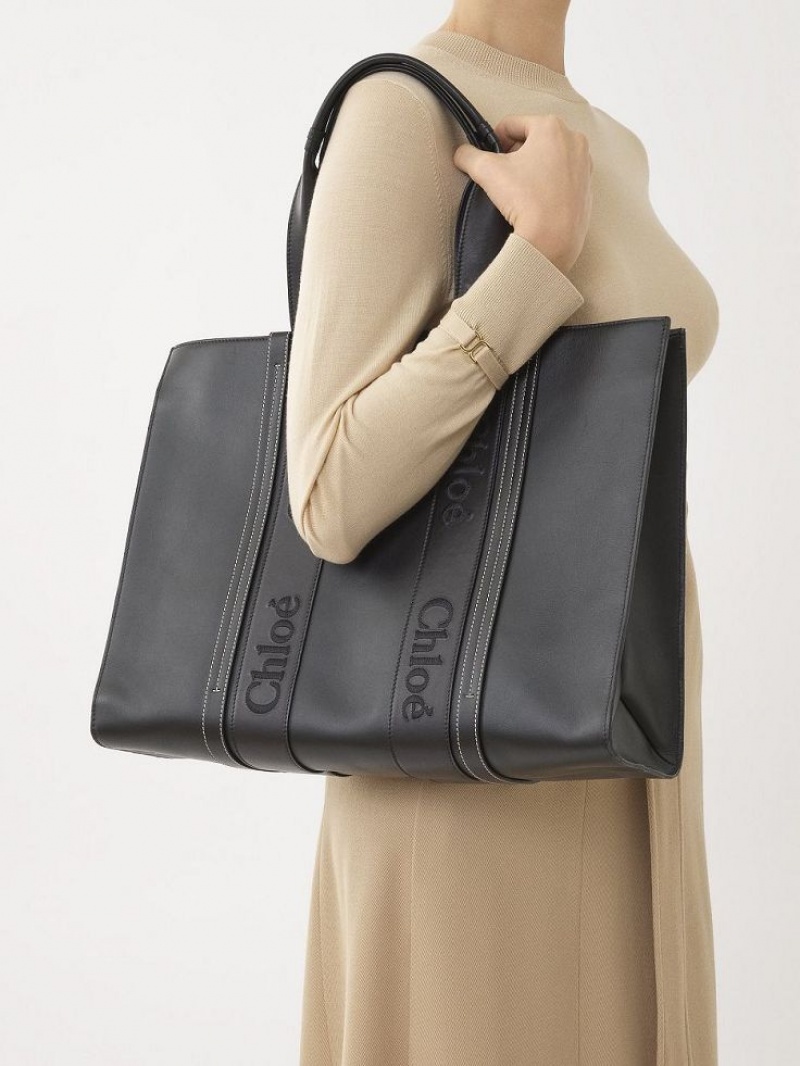 Chloe Large Woody Tote Bags Black | CHE-SR13306