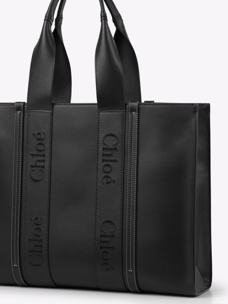 Chloe Large Woody Tote Bags Black | CHE-SR13306