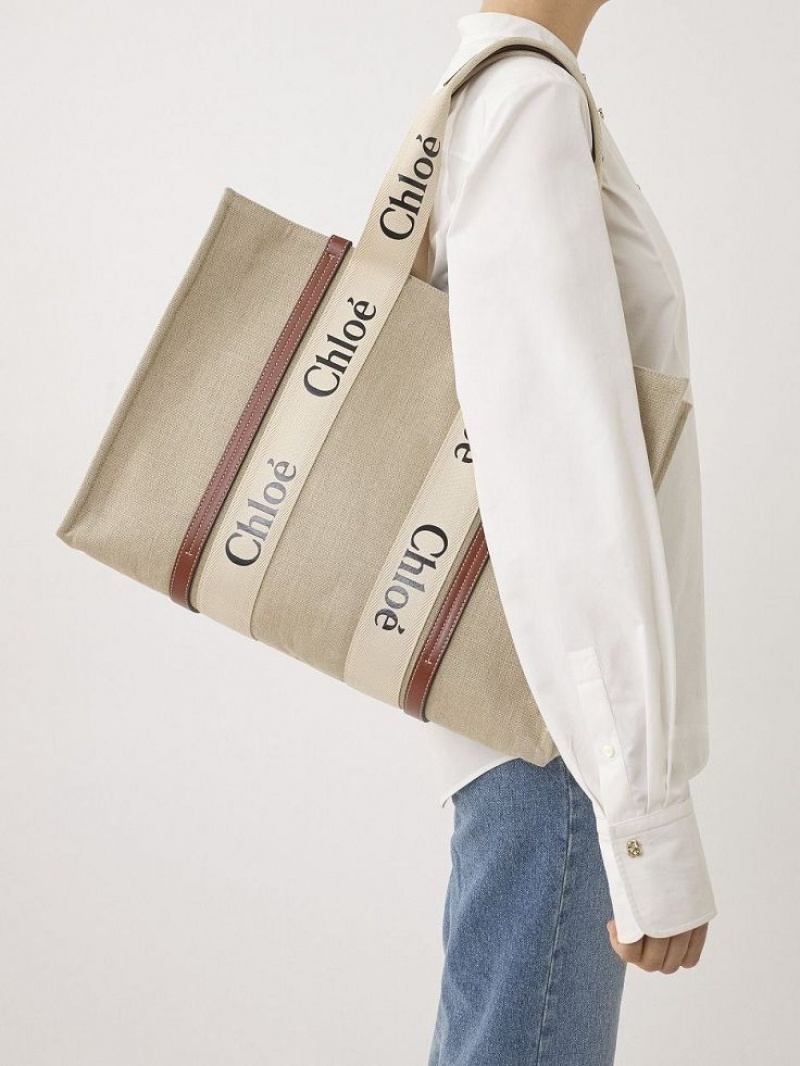 Chloe Large Woody Tote Bags WHITE - BROWN 1 | CHE-SR13321