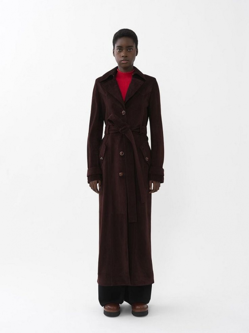 Chloe Long Trench Coat Leather DARKENED BROWN | CHE-SR14119