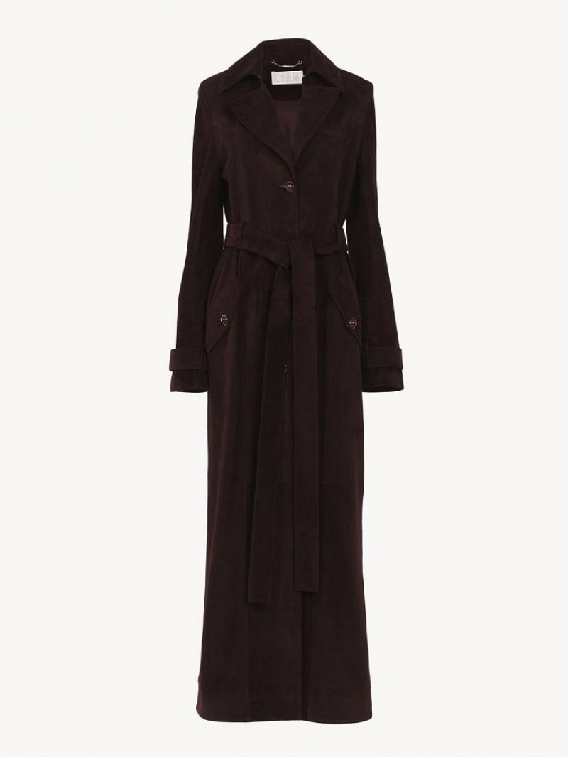 Chloe Long Trench Coat Leather DARKENED BROWN | CHE-SR14119