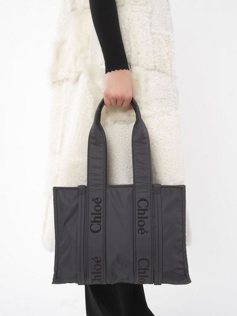 Chloe Medium Woody Shoulder Bags Elephant Grey | CHE-SR13427