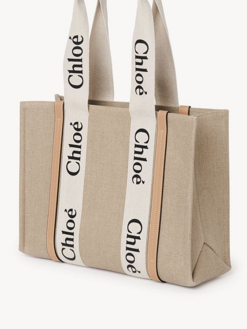 Chloe Medium Woody Tote Bags White - Beige 1 | CHE-SR13354