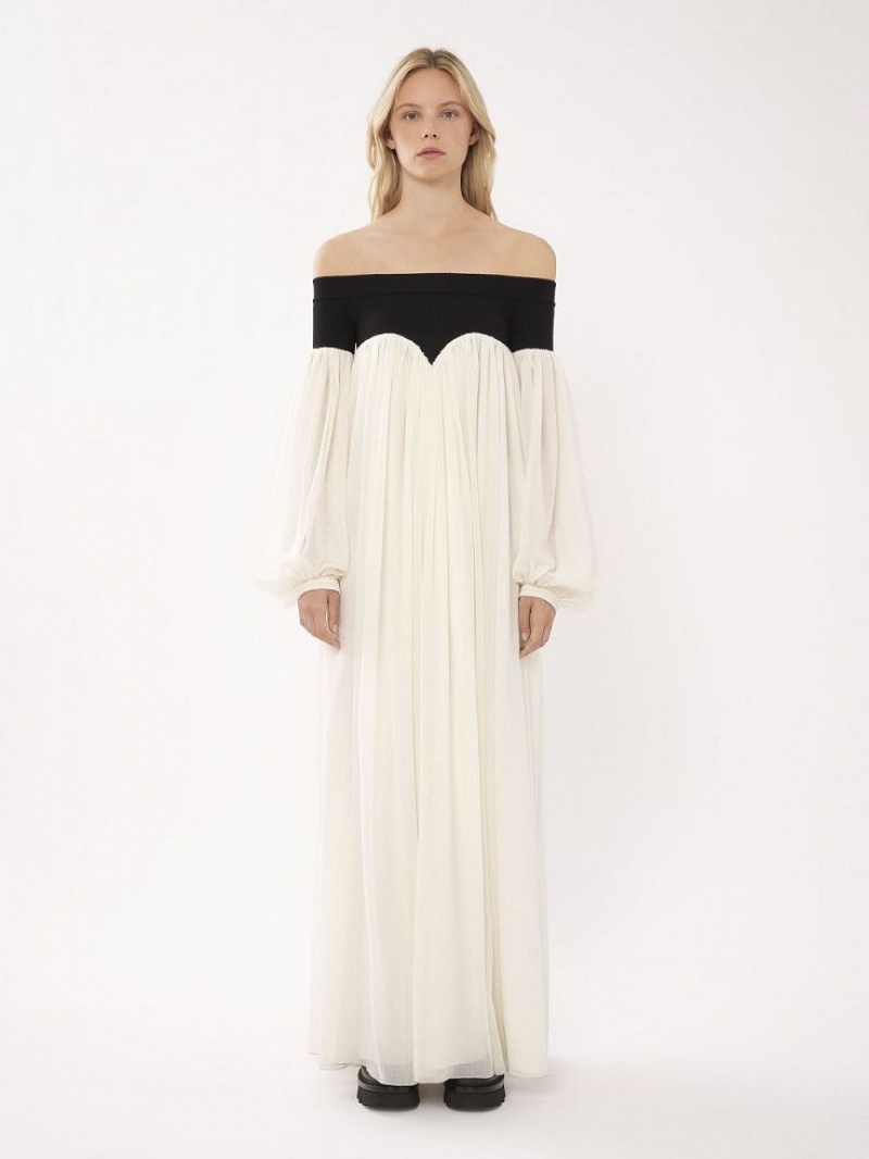 Chloe Off-the-shoulder Maxi Dresses BLACK - WHITE 1 | CHE-SR13857