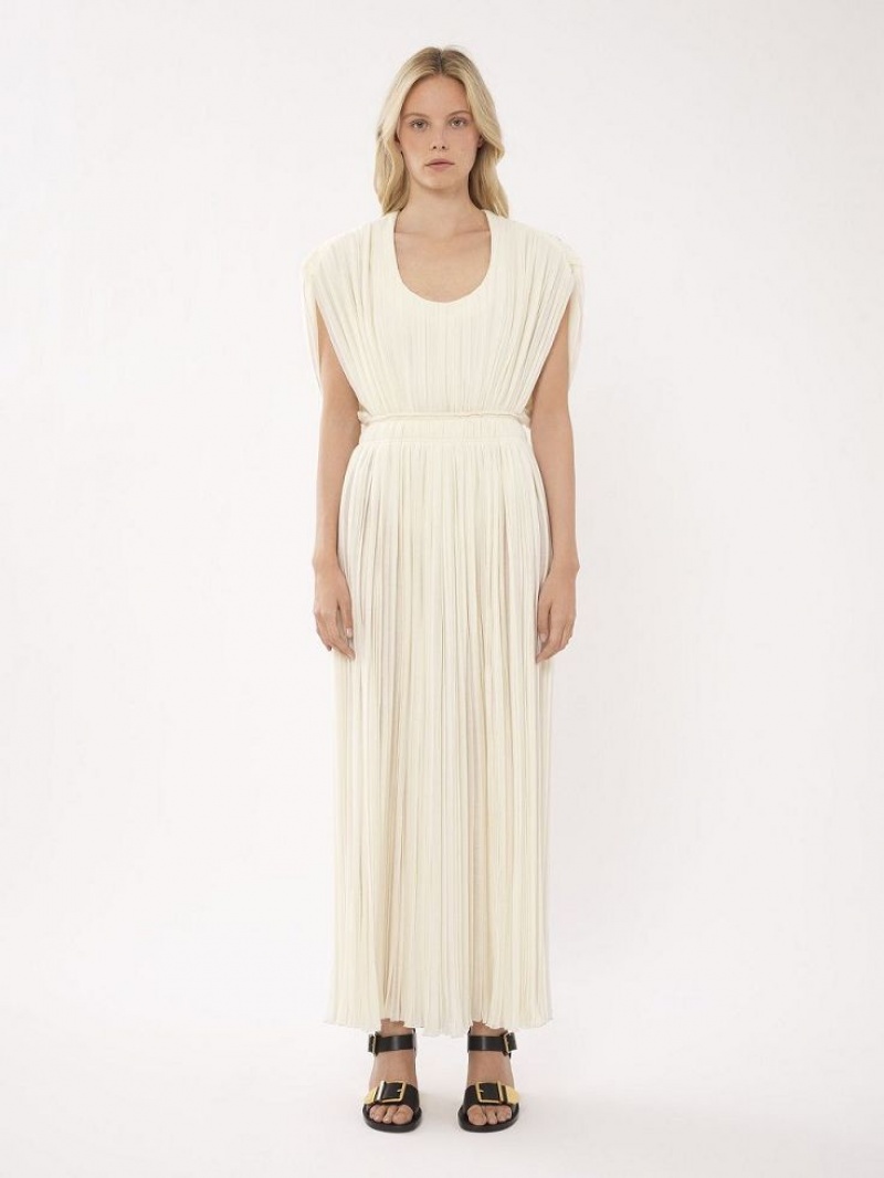 Chloe Pleated Long Dresses Eden White | CHE-SR13859