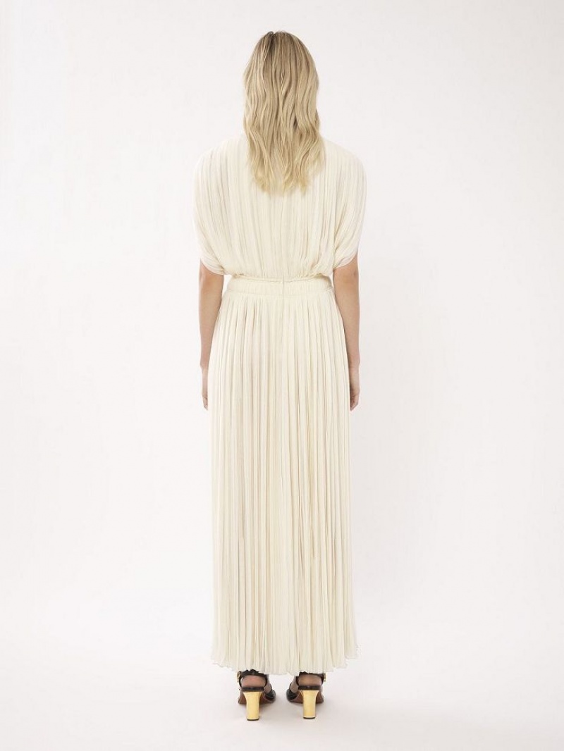 Chloe Pleated Long Dresses Eden White | CHE-SR13859