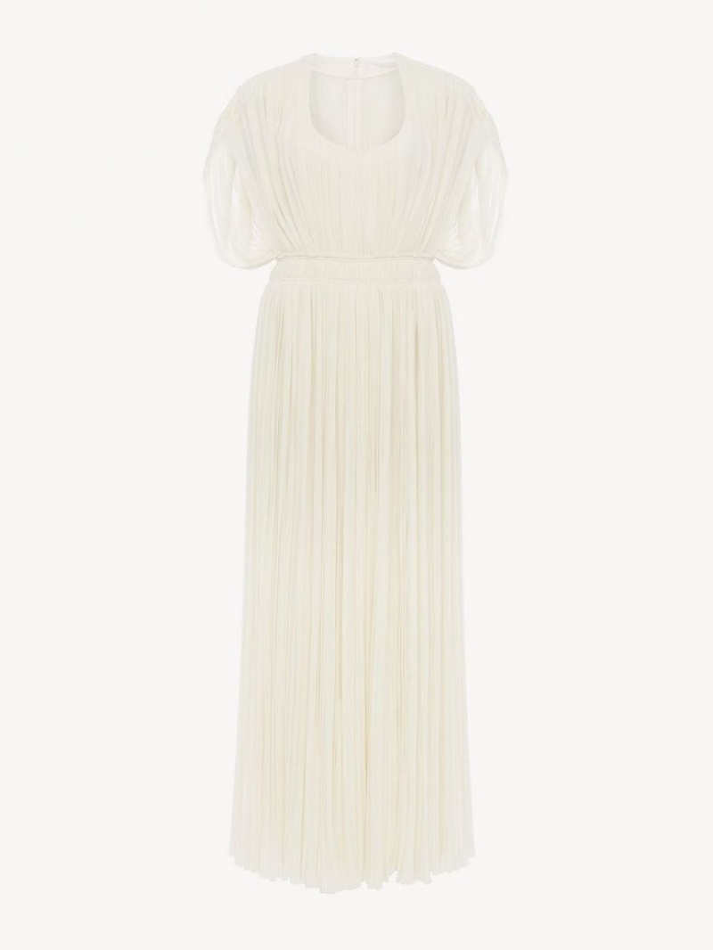 Chloe Pleated Long Dresses Eden White | CHE-SR13859