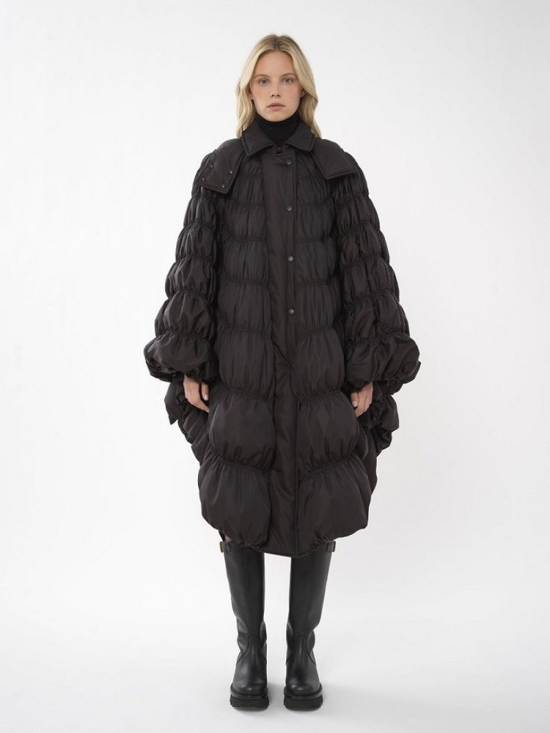 Chloe Ruched Puffer Cape Coats Black | CHE-SR13815