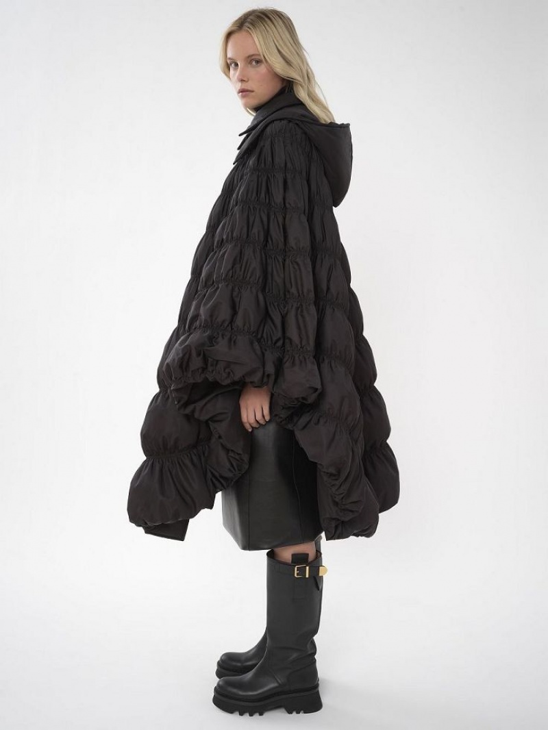 Chloe Ruched Puffer Cape Coats Black | CHE-SR13815