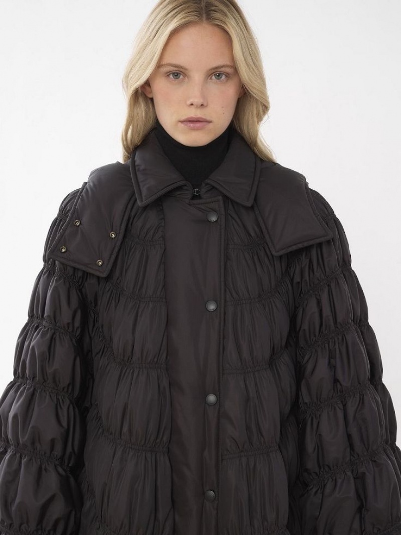 Chloe Ruched Puffer Cape Coats Black | CHE-SR13815