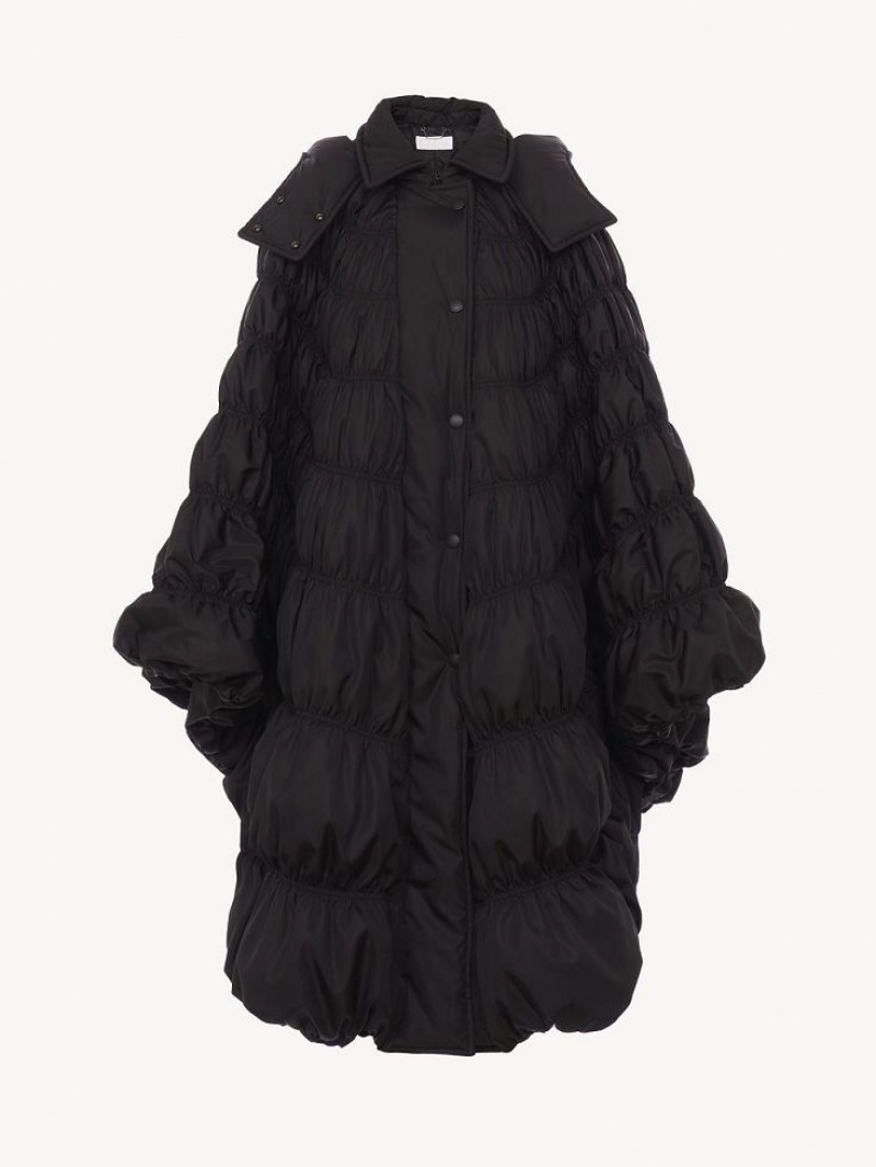 Chloe Ruched Puffer Cape Coats Black | CHE-SR13815