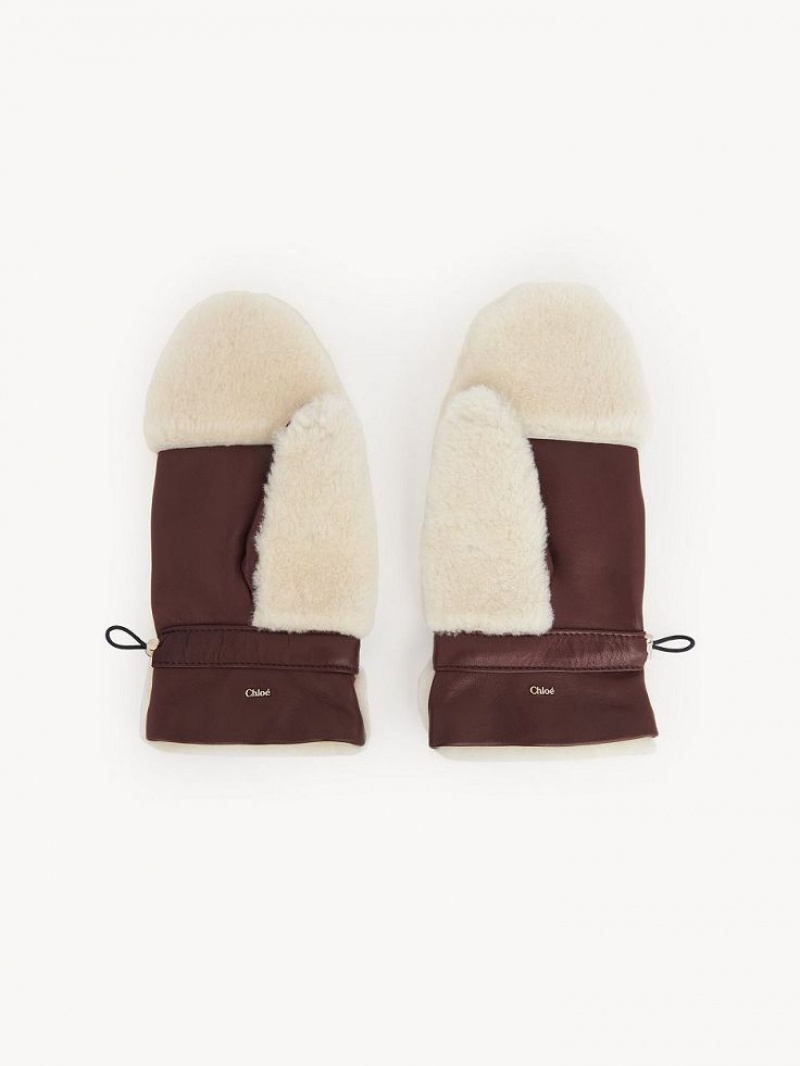 Chloe Shearling Mittens Hats Beige - Brown 1 | CHE-SR14467