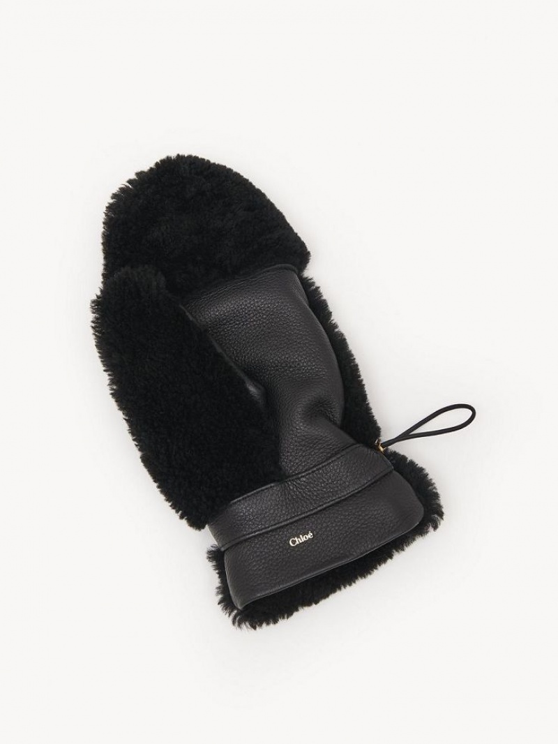 Chloe Shearling Mittens Hats Black | CHE-SR14483